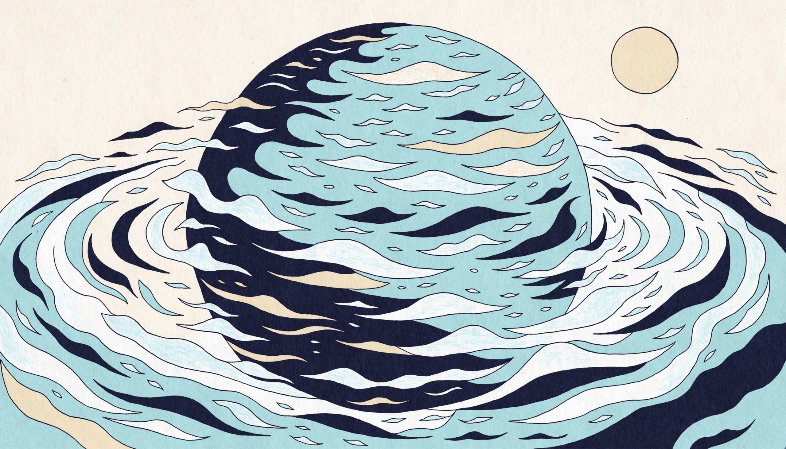 La Lune tire la mer plus fort d'un côté de la Terre que de l'autre. L'océan s'étire en deux bosses que la planète traverse chaque jour.