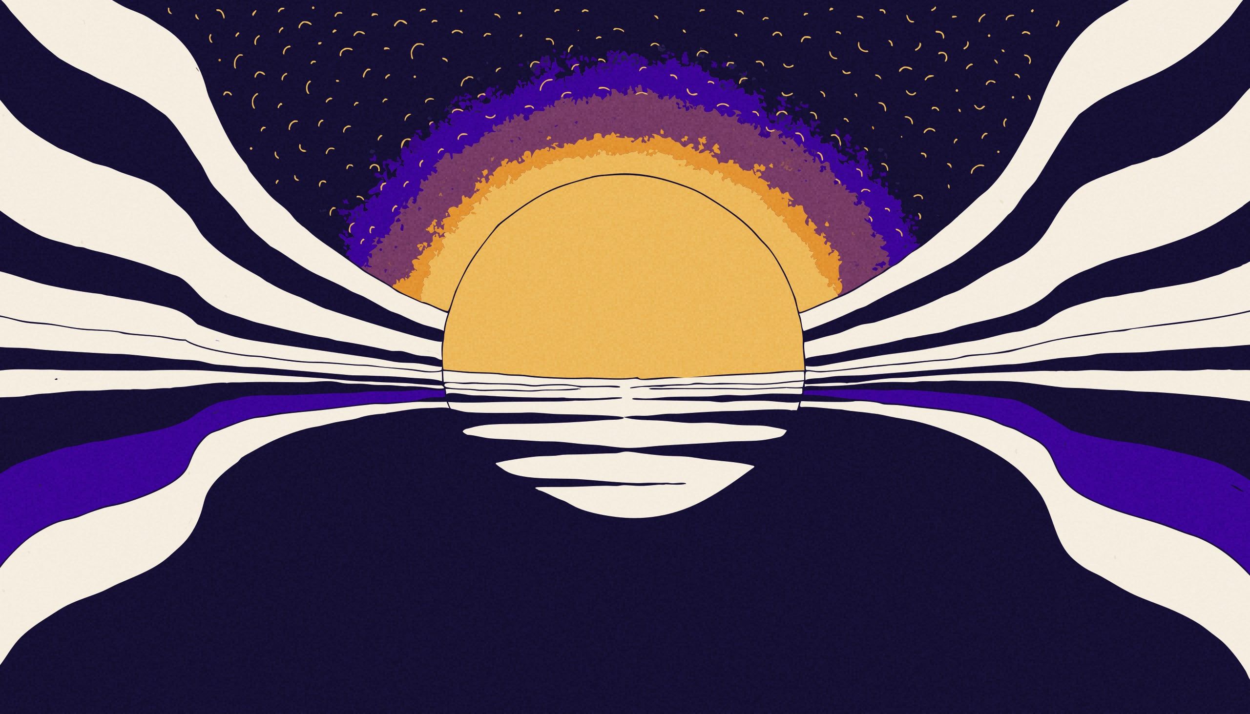 Un soleil ambre à demi engagé derrière l'horizon, dans un ciel de nuit violet piqueté d'étoiles. De larges bandes de papier crème rayonnent depuis lui vers les deux bords du cadre, se courbant à mesure qu'elles approchent de l'horizon ; les plus basses passent devant le disque et le découpent en tranches horizontales, comme si l'air l'aplatissait.