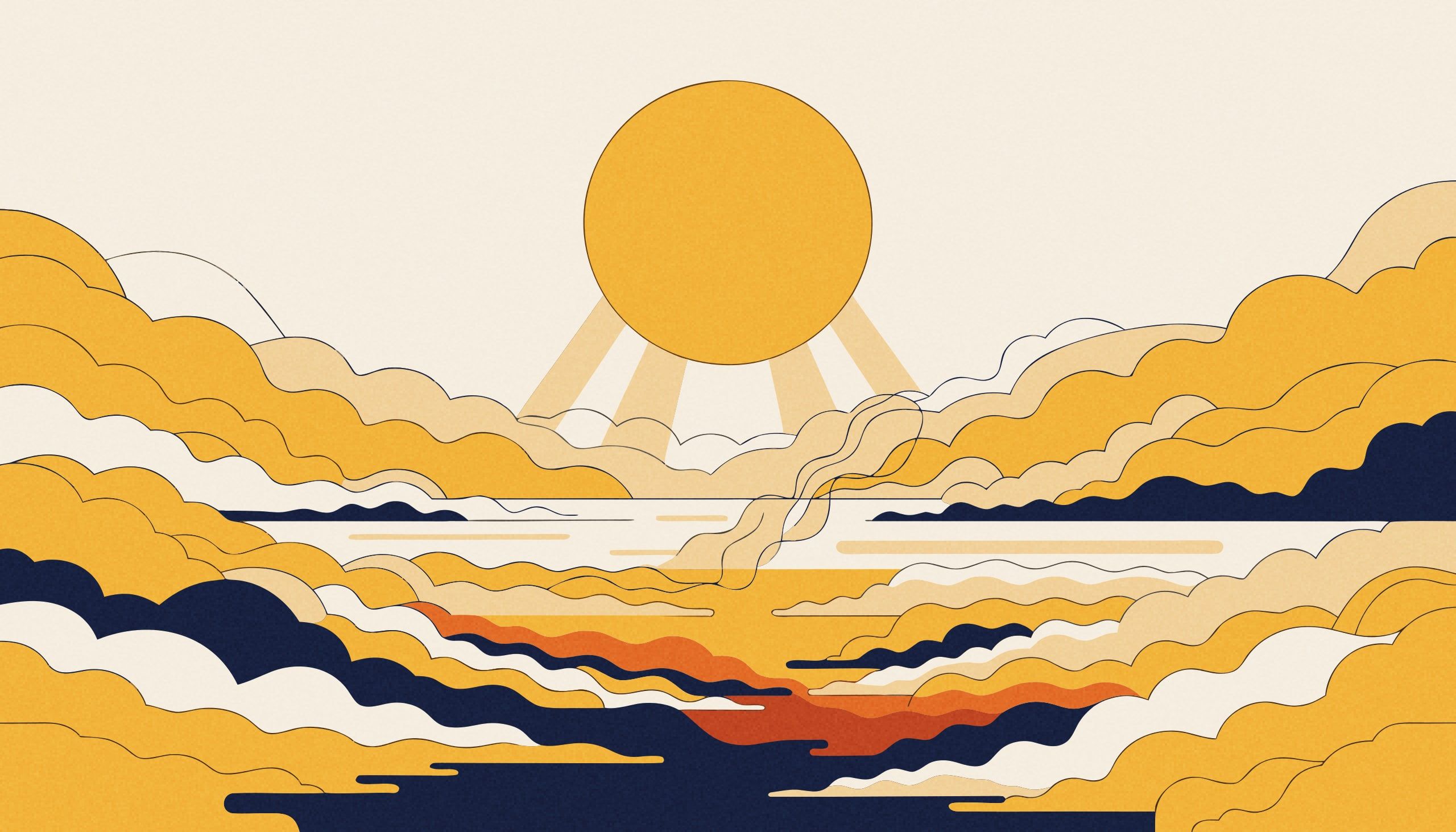 Un grand soleil ambré domine un ciel crème ; en contrebas, des collines en aplats chauds où la teinte la plus brûlante s'accumule tout en bas, décalée du soleil.