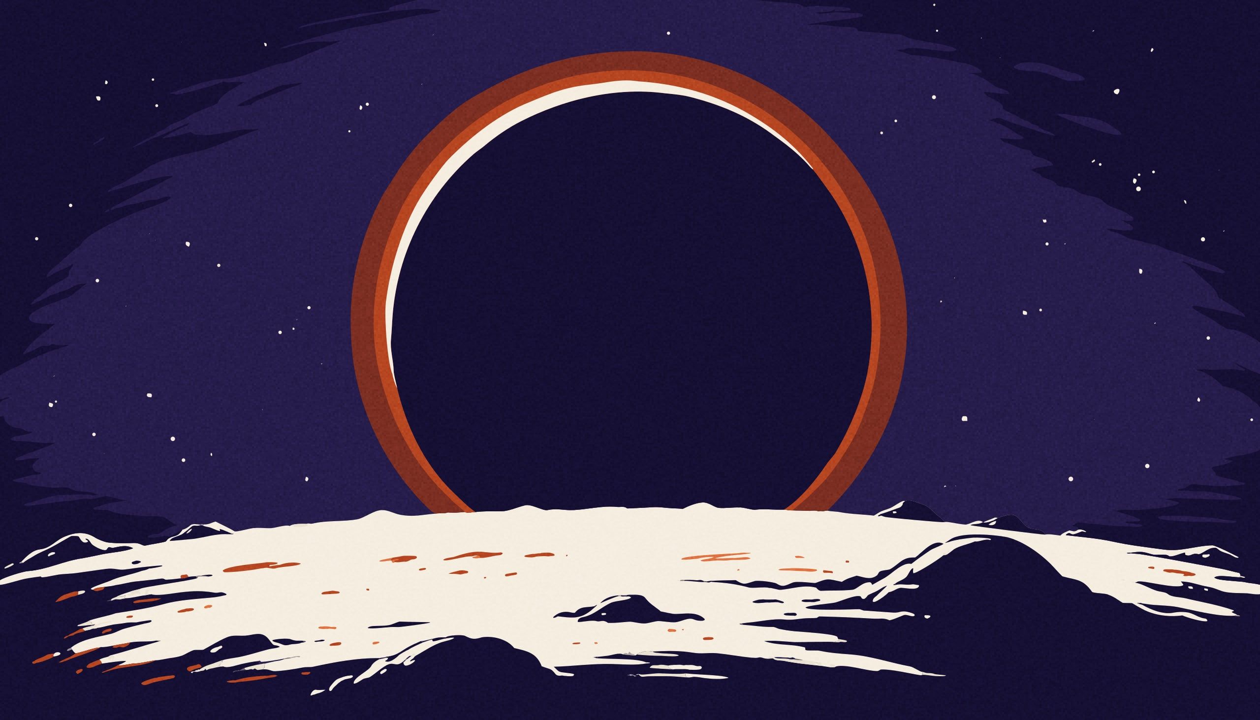 Seen from the lunar surface: Earth as a perfectly black disc, ringed by a thin band of copper light, the only source lighting the ground in the foreground.