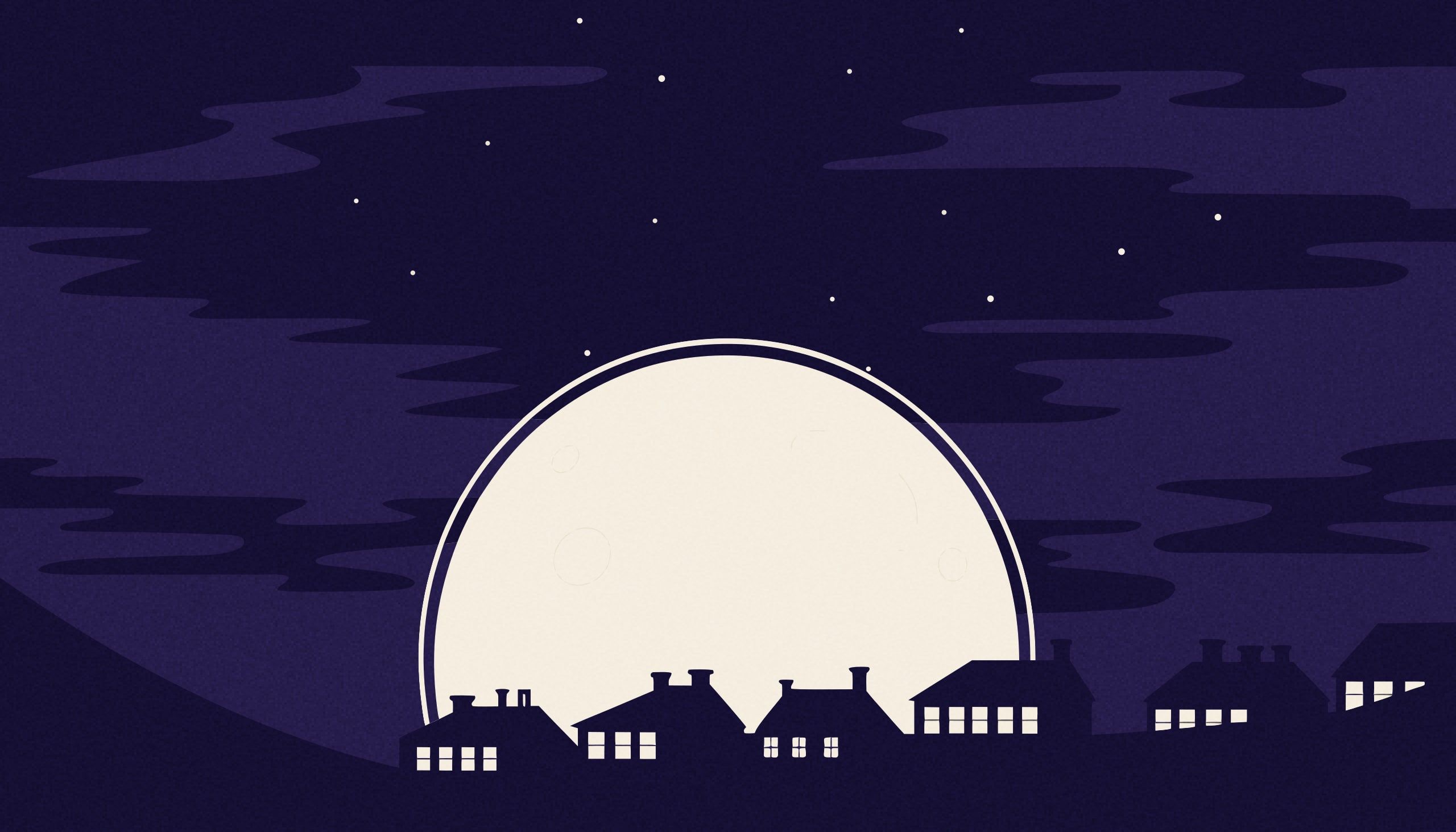 Une très grande Lune crème se lève juste derrière une silhouette basse de toits bleu nuit, dans un ciel violet profond piqué de quelques points crème ; un fin halo papier entoure la Lune, qui paraît énorme face aux petits toits.