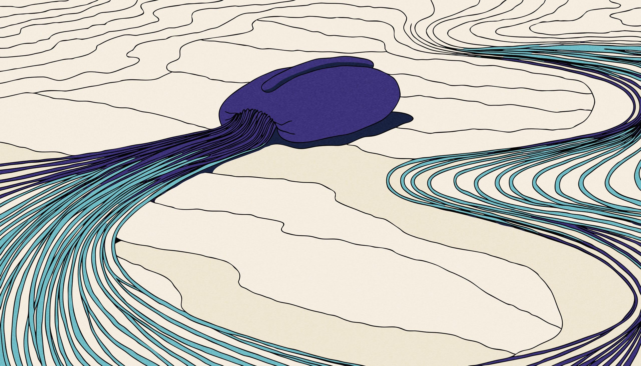 Une plage de sable humide vue de haut : une petite poche allongée bleu-violet couchée à plat, et de longs fils fins qui partent d'une seule extrémité et traversent tout le bas de l'image.