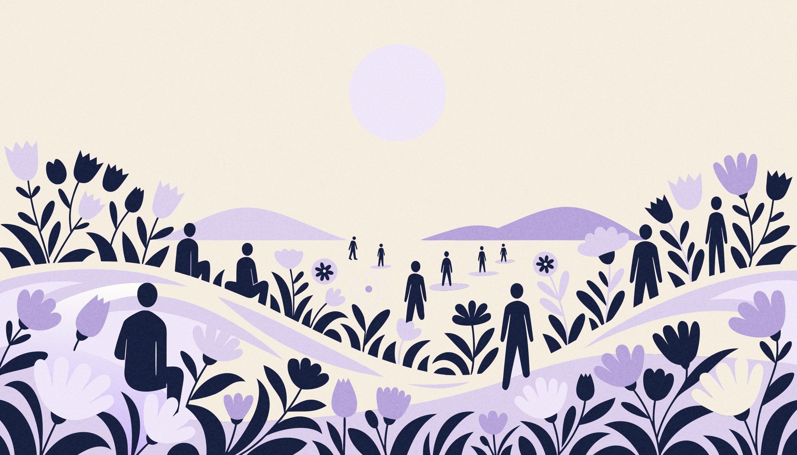 Sur un fond crème, un soleil lilas pâle domine deux collines basses. Le sol ondule en larges courbes douces, lilas et crème. Une dizaine de petites silhouettes bleu nuit, sans visage, sont réparties dans une prairie fleurie de tulipes et de feuillages stylisés.