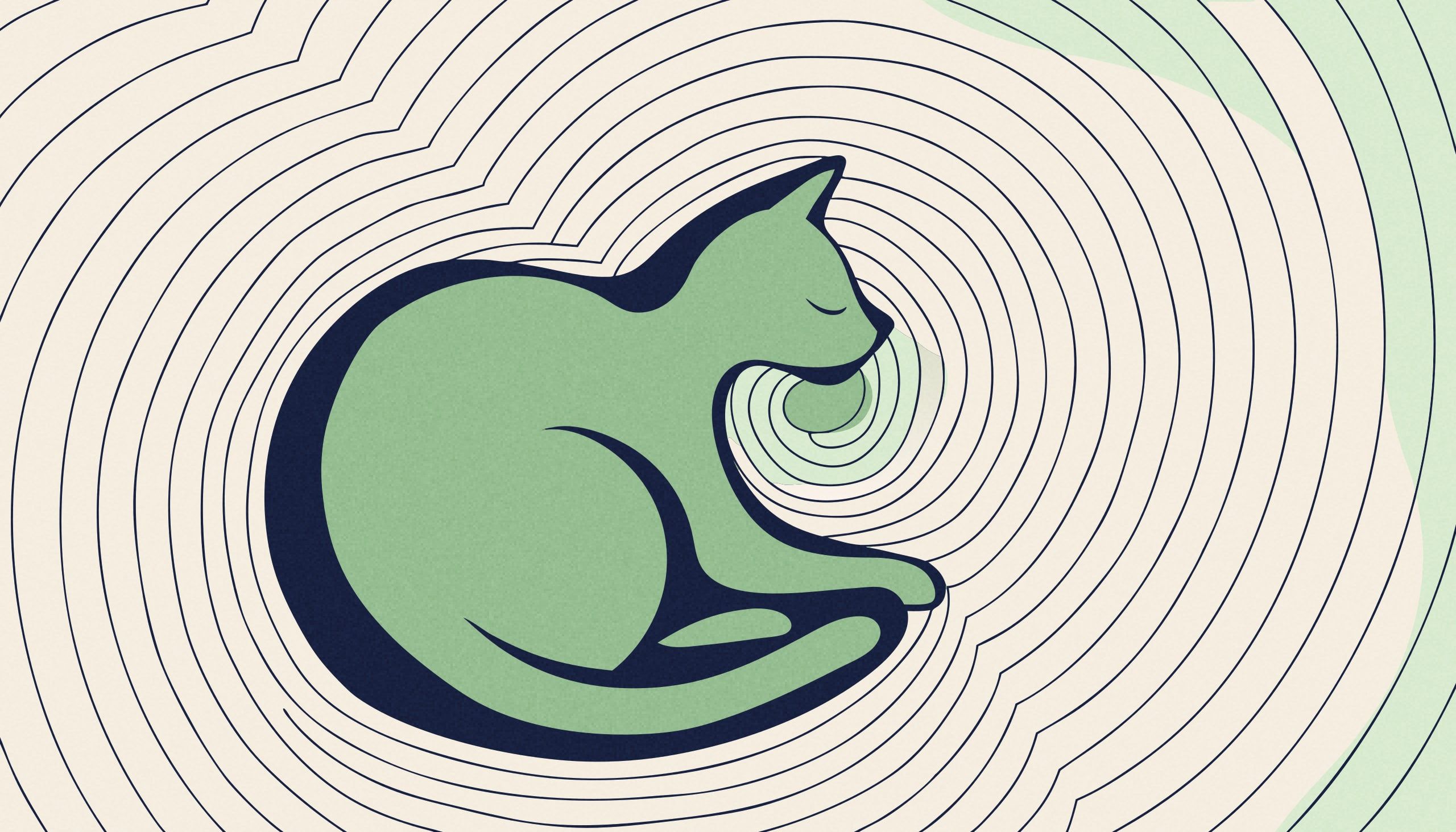 The scene: a curled-up cat seen from the side, resting peacefully, rendered as a smooth flat sage-green silhouette with clean navy ink outline, its body forming a soft rounded loop
