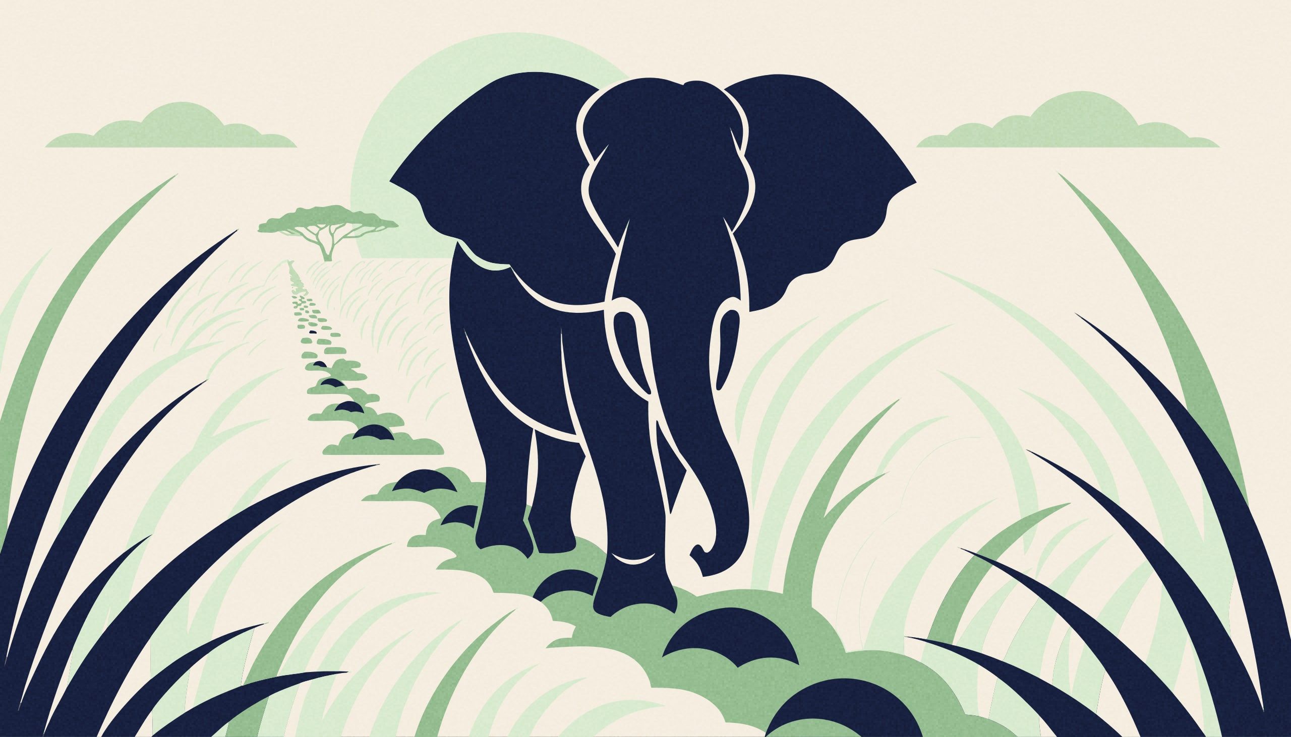 Un éléphant vu de face, en silhouette bleu nuit, avance vers le lecteur au milieu de hautes herbes découpées en éventail. Derrière lui, un sentier d'empreintes creusées s'éloigne en ligne continue vers un acacia lointain : à chaque pas, le sol a été touché.