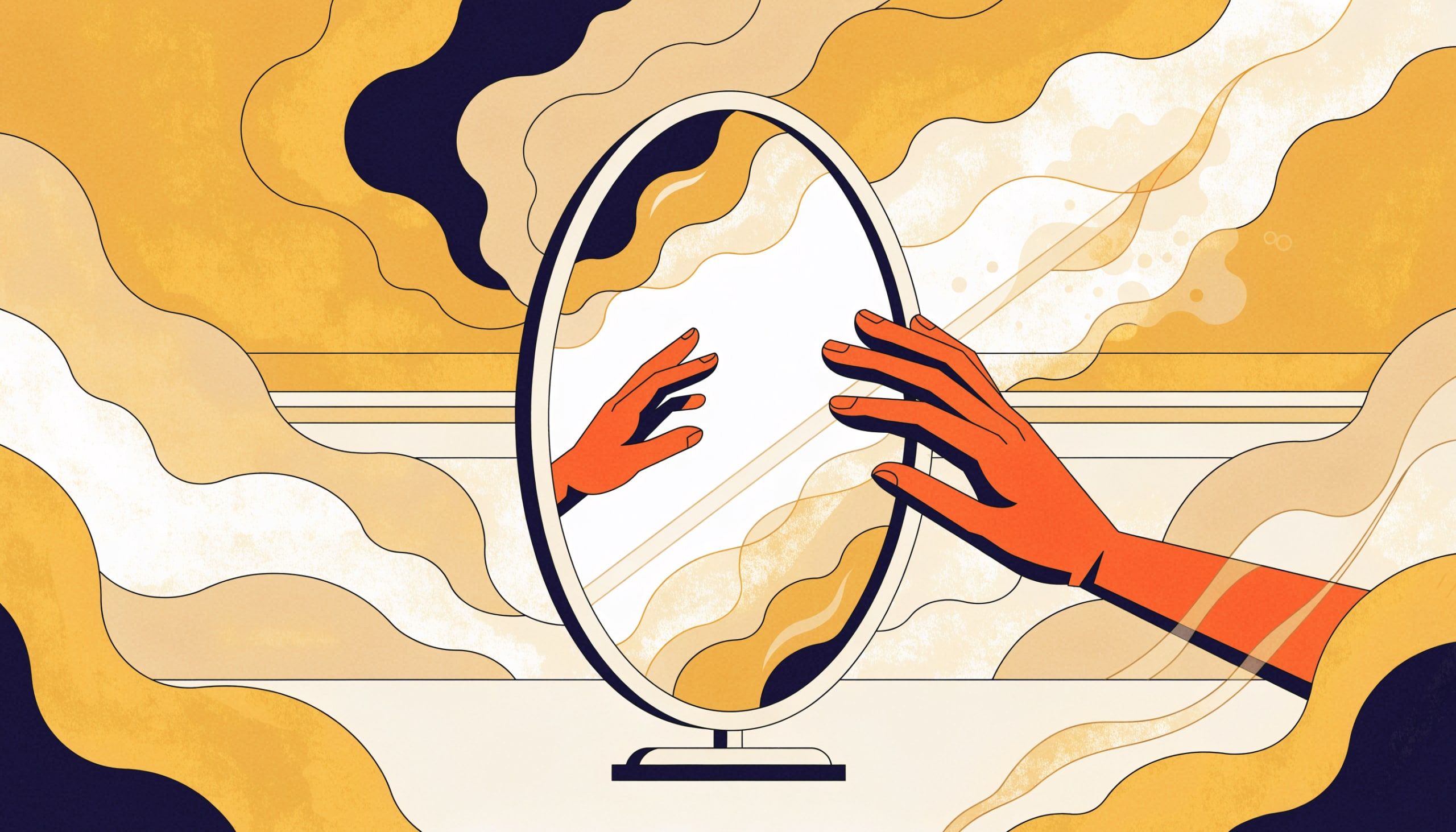 Le miroir ne fait rien : c'est notre cerveau qui invente l'inversion. Métaphore visuelle, pas schéma optique.