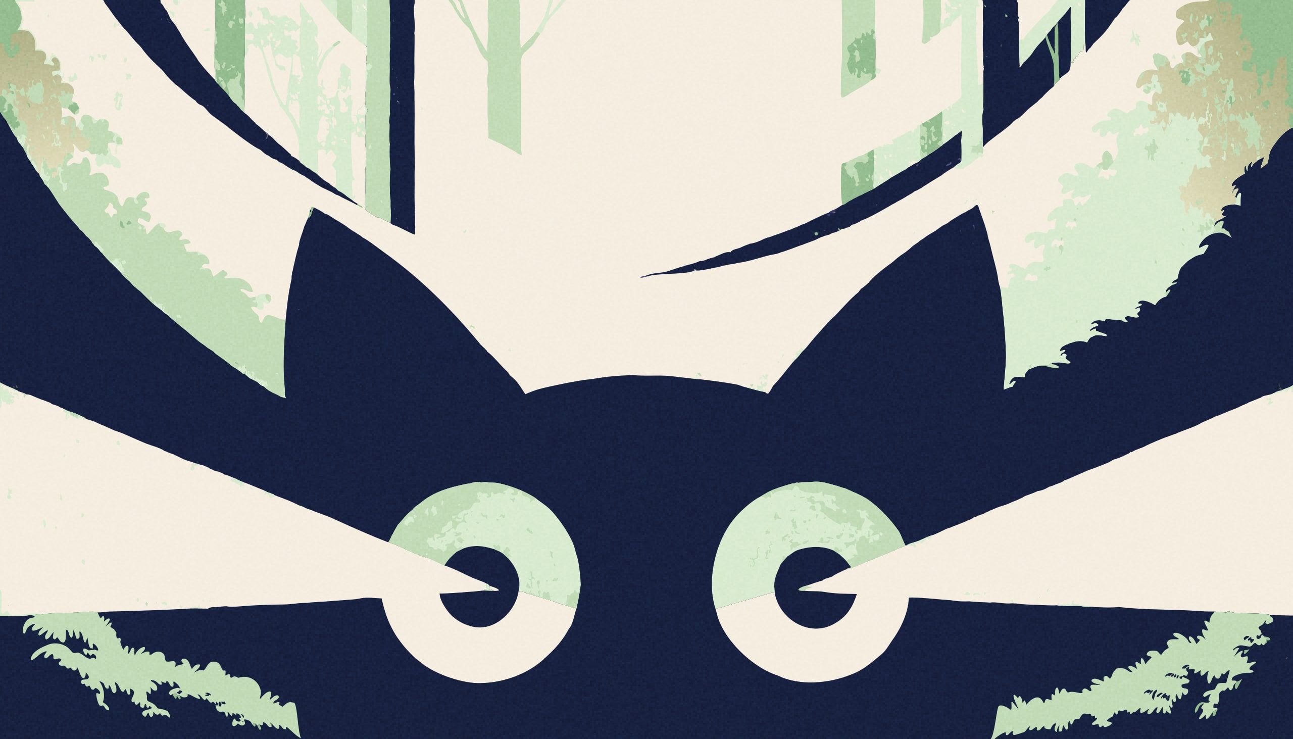 Une tête de chat stylisée émerge de la pénombre d'une forêt ; ses deux grands yeux ronds luisent en vert et renvoient vers nous le rayon de lumière qui les frappe.