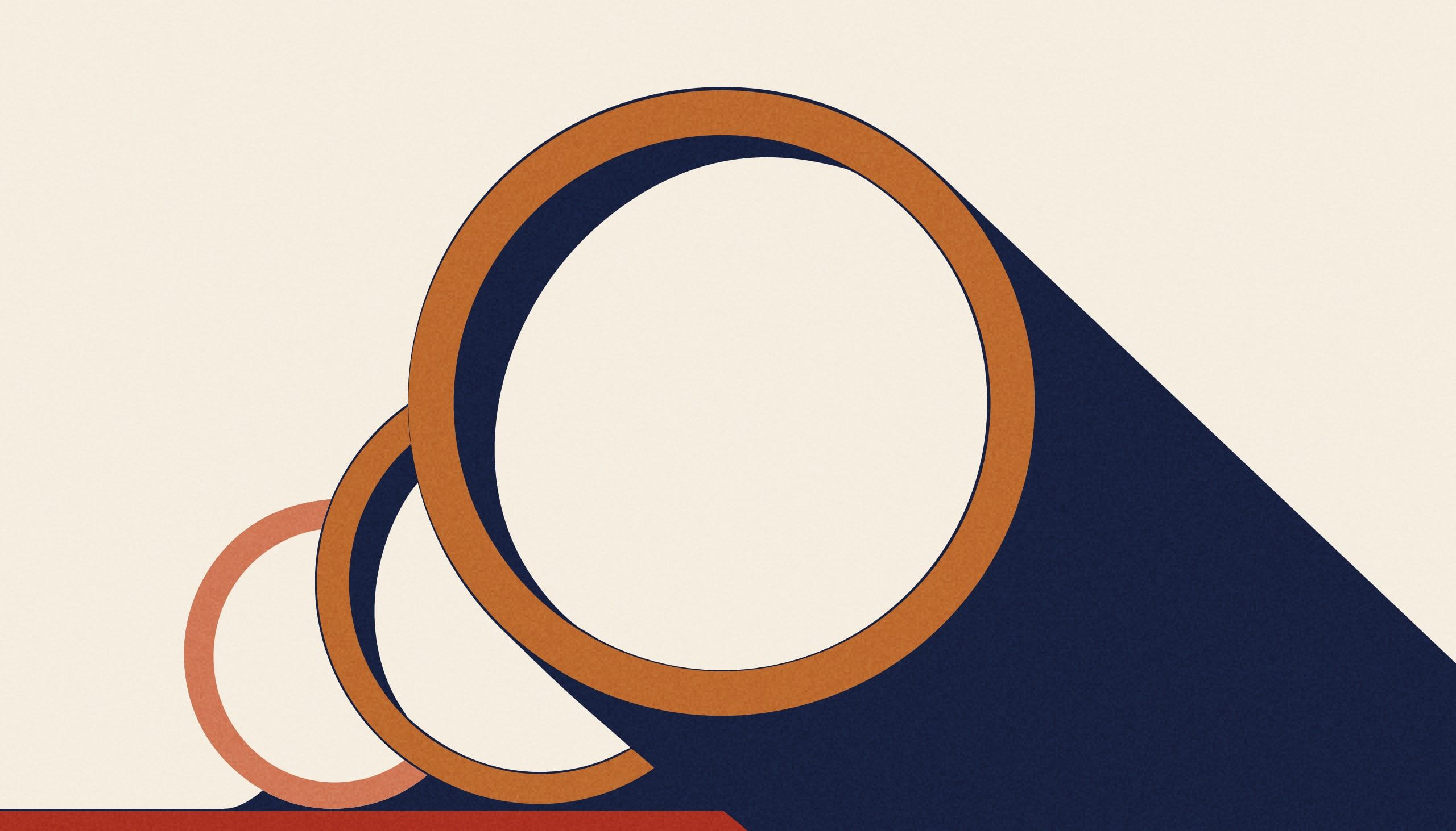 A large round clock with no numerals, its cream face rimmed in copper, bears two small hands side by side, offset by one hour, and a long midnight-blue hand.
