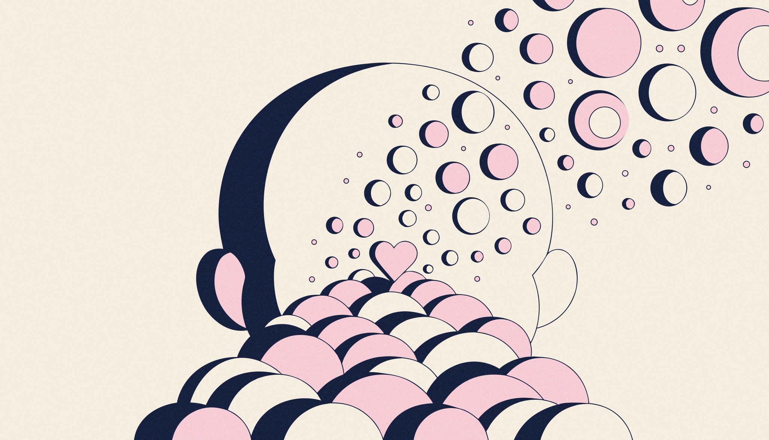 A baby's head in profile opens onto a cream space where small powder-pink bubbles float; new shapes push the old ones toward the edges, while a small heart stays anchored at the bottom.