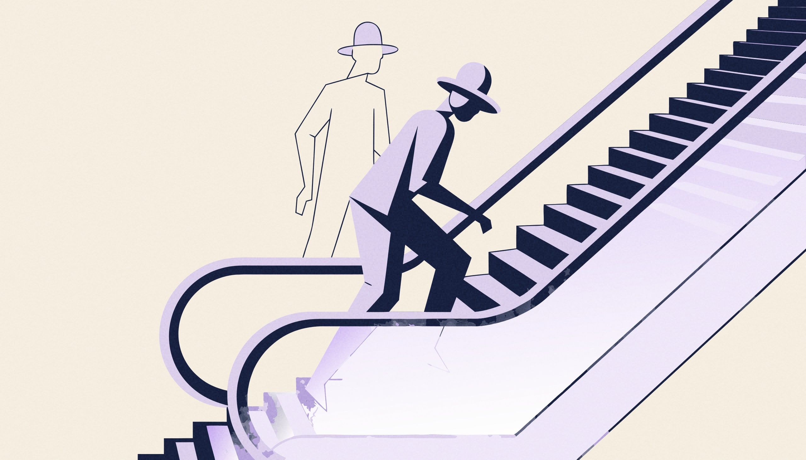Un escalator immobile vu de profil, ses marches et sa rampe dessinées en aplats lavande, monte en diagonale à travers le cadre.