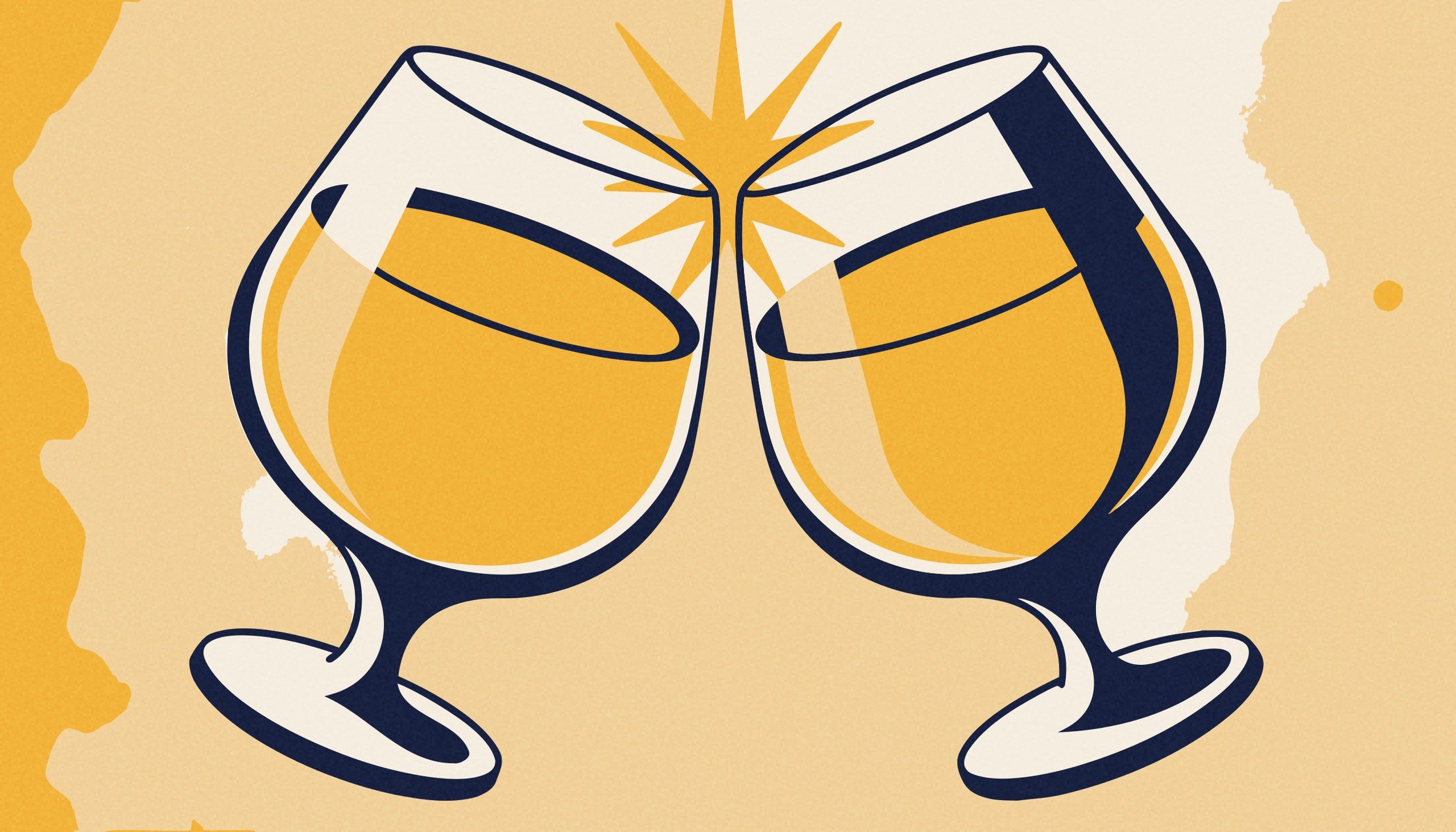 The scene: two stylized goblets meeting at the center of the frame, tilted toward each other so their rims almost touch, the moment just before the clink