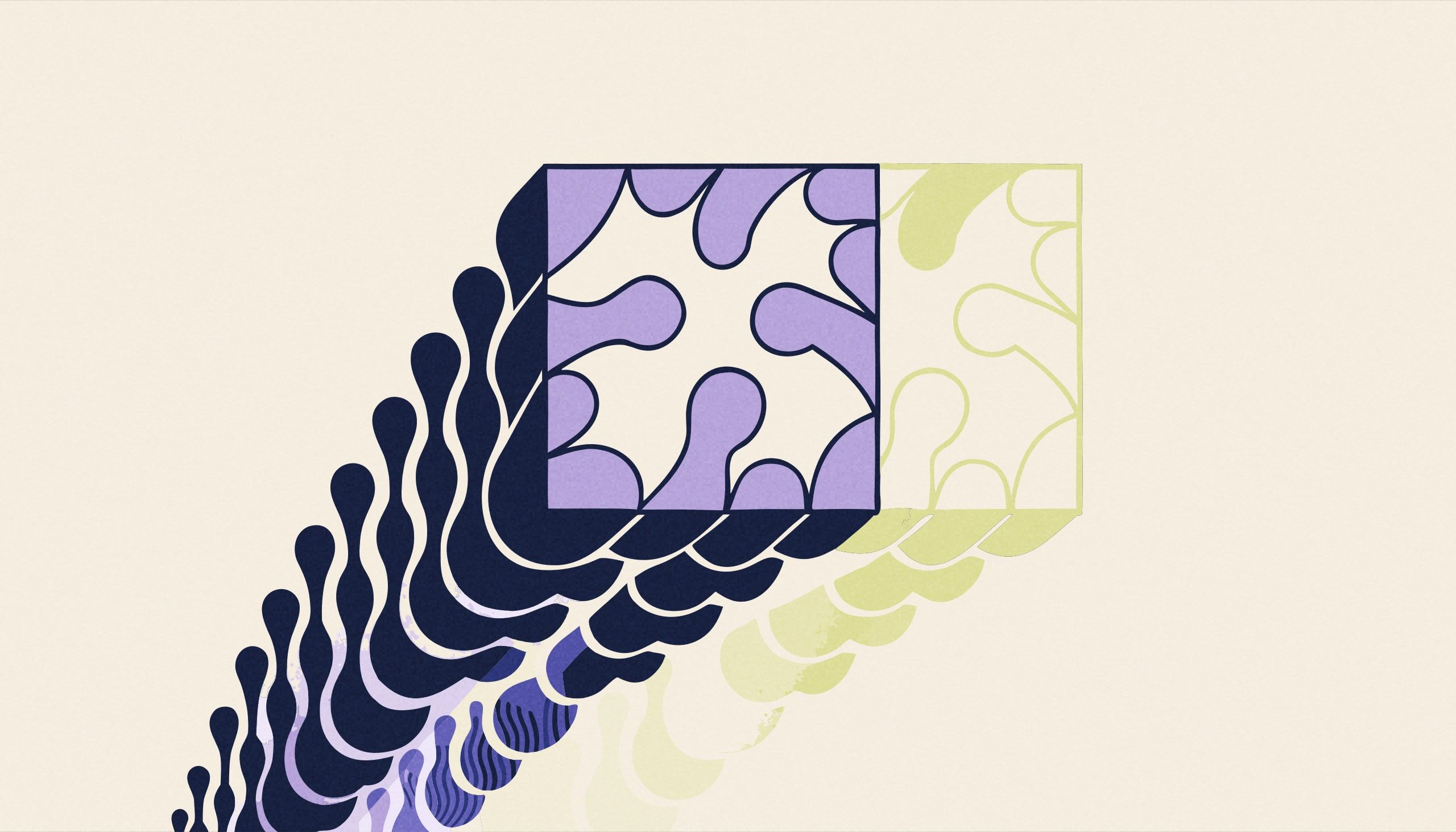 Un carré aux motifs violets et, décalé à droite, son double jaune pâle qui s'estompe comme une image rémanente ; une traîne de gouttes bleu nuit et lilas monte du coin inférieur gauche vers les deux carrés.